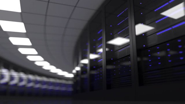 Loopable motion background - modern server room, shallow focus. Cloud technology or data center concepts