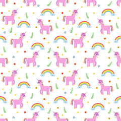 Seamless pattern with cute pink unicorns and rainbows. Fashion childish background with different design elements