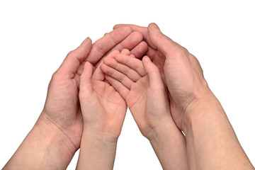 Gesture of caring mother and baby hand isolated on white background