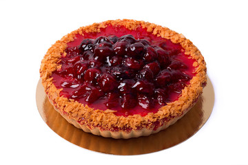 Summer cake with fresh berries, raspberries isolated on white. Jelly dessert closeup.