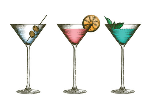 Martini glasses with olives, citruses and leaves of mint. Glass goblets with colorful cocktails in engraved style.