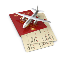 Yellow boarding pass with passport, 3d illustration isolated white