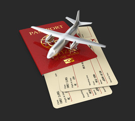 3d Illustration of aircraft with boarding pass and passport, isolated black