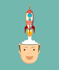 Successful businessman with rocket ship launching from his head. Business idea start up concept.