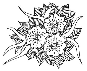 Fototapeta premium Doodle floral pattern in black and white. Page for coloring book: very interesting and relaxing job for children and adults. Zentangle drawing. Flower carpet in magic garden