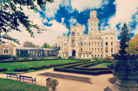 Famous Czech castle Hluboka nad Vltavou, medieval building with beautiful park, travel outdoor european background