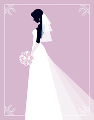  Silhouette of a bride on a pink background profile in her wedding dress and veil with a bouquet in his hand