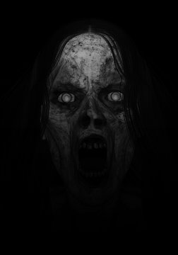 3d illustration of scary ghost woman in the dark