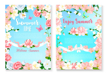Summer season greeting card set with flower frame