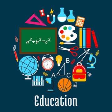 Education round symbol made up of school supplies