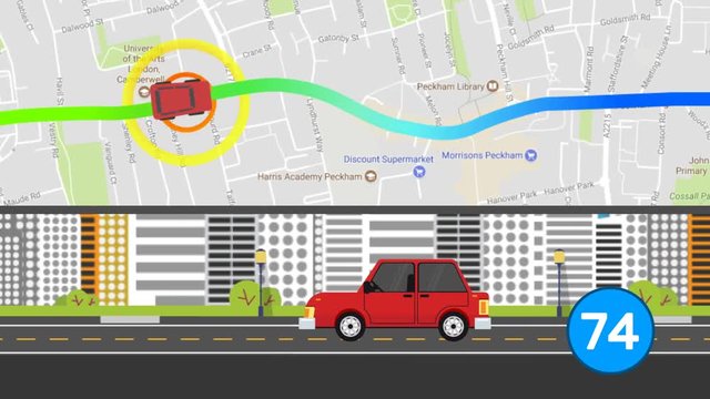 Animation of transportation car and cartoon car side viewing traveling to destination by satellite GPS in motion graphic GPS map technology in computer network application and tourism guide concept