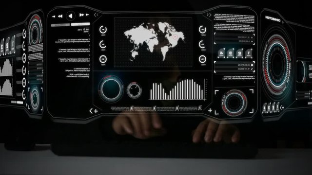 Hacker typing keyboard with HUD head up display interface code graph bar pi world map element for cyber technology criminal concept with dark tone and grain processed