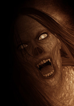 3d illustration of scary ghost woman in the dark