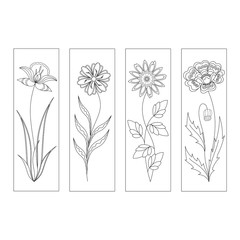 Set of bookmarks. Black and white hand draw sketch. Fantasy flowers zendoodle. Stylized narcissus, lily, chamomile, poppy. Coloring book for children and adults, label, banner. Vector illustration.