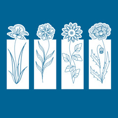 Set of openwork bookmarks. Hand draw sketch. Fantasy flowers. Stylized narcissus, lily, chamomile, poppy. Stencil design. Laser decoration template for greeting cards, label. Vector illustration.
