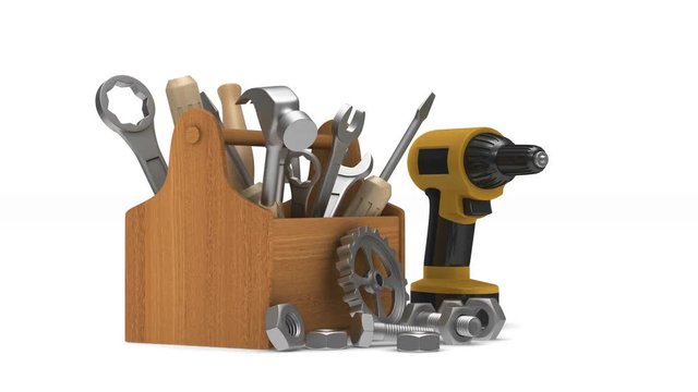 Wooden toolbox with tools. Isolated 3D render