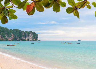 Beautiful tropical beach and boats in Ao Nang, Krabi, Thailand