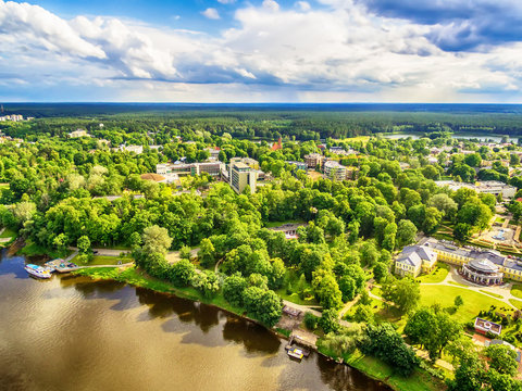 Lithuania, Baltic States: aerial UAV view of Druskininkai, a spa town on the Nemunas river
