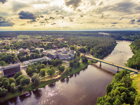Lithuania, Baltic States: aerial UAV view of Druskininkai, a spa town on the Nemunas river

