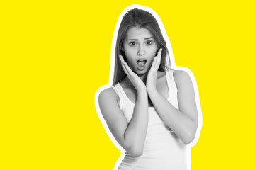 Beautiful cute girl teenager, Makes an astonished face crazy emotions, dressed in denim shorts white jersey, pop art style, girl black and white on a yellow background, design template, goods, pattern