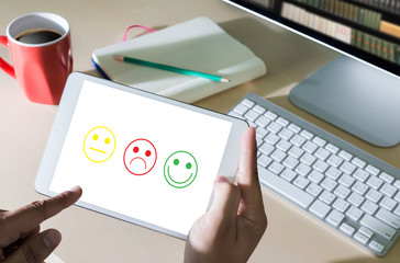 business man and woman select happy on satisfaction evaluation? And good mood smiley and evaluate