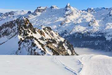 View from Mt. Fronalpstock in Switzerland in winter