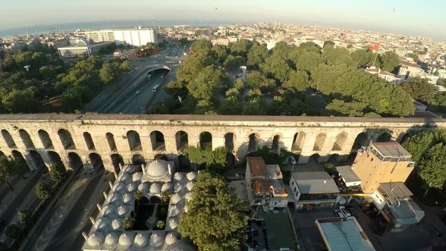 Aerial view. Aqueduct of Valente in Istanbul. Bozdojan Kemeri. Roman bridge. Turkey. Shot in 4K (ultra-high definition (UHD)).
