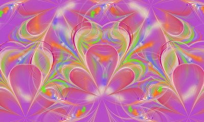 Obraz na płótnie Canvas Abstract colored background of hearts and petals. Fractal. The combination of lilac, pink and green. Floral motifs in symmetrical ornament.