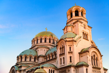 Fototapeta na wymiar Aleksander Nevski cathedral at sunset with blue sky, Sofia, Bulgaria, Europe