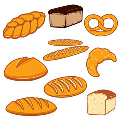 Set of bread illustrations. Fresh bakery. Design elements for poster, menu, flyer. Vector illustration