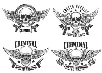 Outlaw, street warriors. Set of winged skulls with weapon. Design elements for emblem, sign, label, t-shirt. Vector illustration