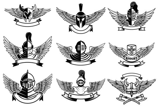 Set of emblems with helmets and wings. Design elements for label, emblem, sign, brand mark. Vector illustration