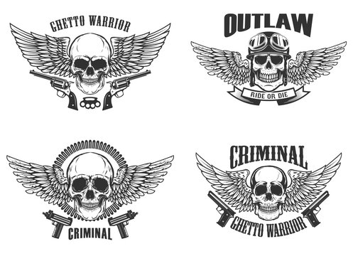 Set of winged skulls with weapon. Design elements for emblem, sign, label, t-shirt. Vector illustration