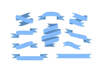 Set of hand drawn blue ribbons on white background isolated. Flat objects for your design. Vector art illustration