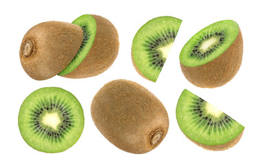 Isolated kiwi fruit. Collection of whole and sliced kiwi isolated on white background