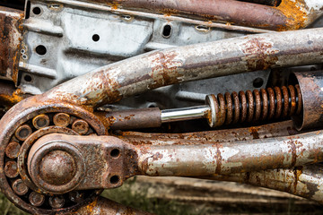 old details of vintage mechanism with rusty parts