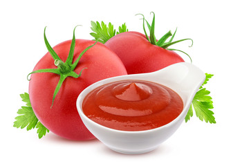 Ketchup in bowl and two fresh tomatoes isolated on white background. Ready for packaging and design