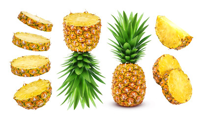 Pineapple collection. Whole and sliced pineapple isolated on white background - obrazy, fototapety, plakaty