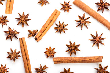  the star anise spice and cinnamon stick pattern decoration on white background