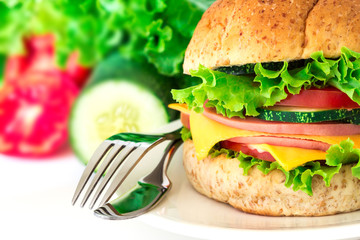 burger sandwiches bread with bacon , ham and cheese with vegetable ,the  healthy breakfast on white background , healthy breakfast food concept