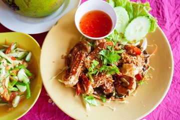 Food. shrimps with spicy sauce