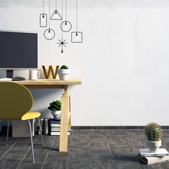 Modern contrast interior in the style loft, a place for study, consisting of working Desk, lamp, yellow chair, monitor on the background of white wall. 3D illustration. wall mock up