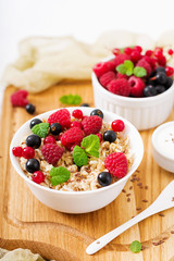 Tasty and healthy oatmeal porridge with berry, flax seeds and yogurt. Healthy breakfast. Fitness food. Proper nutrition