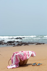 Fototapeta na wymiar Sand bag in empty beach