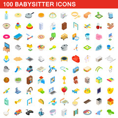 100 babysitter icons set, isometric 3d style