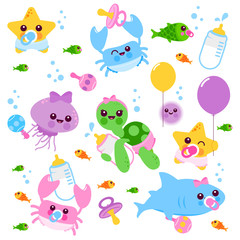Fototapeta premium Słodkie małe zwierzątka morskie w pieluchach, smoczkach i trzymające balony, zabawki i butelki po mleku. Ilustracji wektorowych