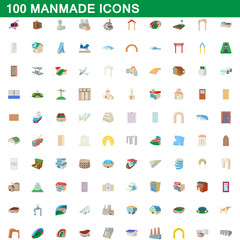 100 manmade icons set, cartoon style