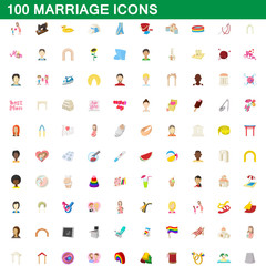100 marriage icons set, cartoon style