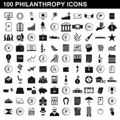 100 philanthropy icons set, simple style - obrazy, fototapety, plakaty