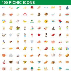 100 picnic icons set, cartoon style